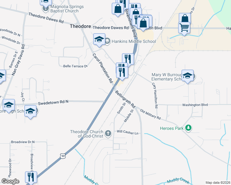 map of restaurants, bars, coffee shops, grocery stores, and more near Bellingrath Rd in Theodore