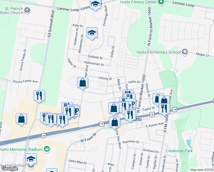 map of restaurants, bars, coffee shops, grocery stores, and more near 404 Hutto Street in Hutto