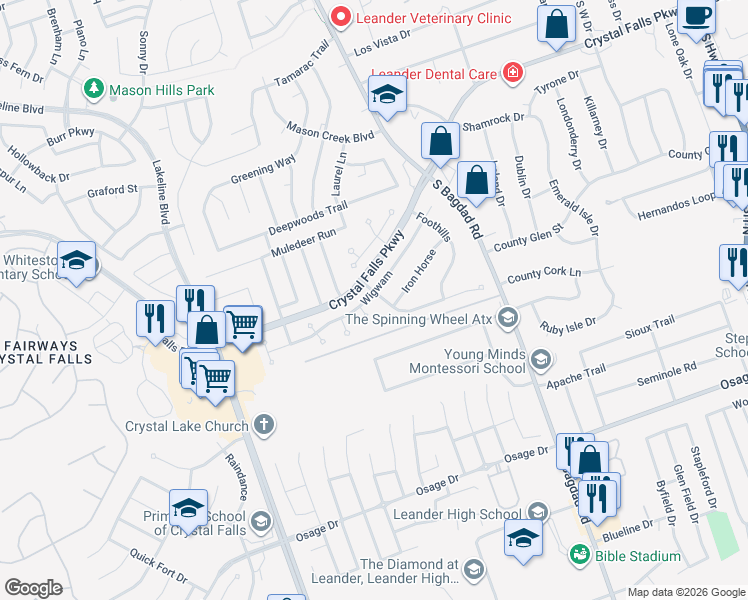 map of restaurants, bars, coffee shops, grocery stores, and more near 1126 Applerock in Leander