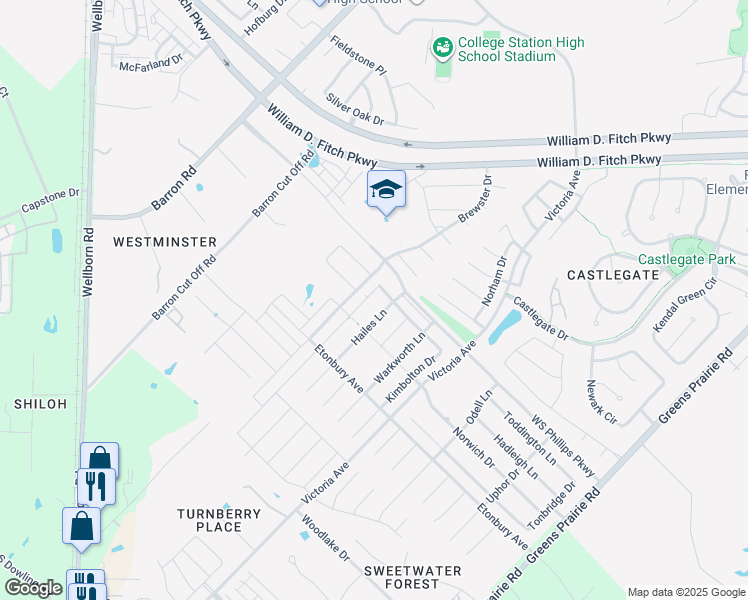 map of restaurants, bars, coffee shops, grocery stores, and more near 2504 Portland Avenue in College Station