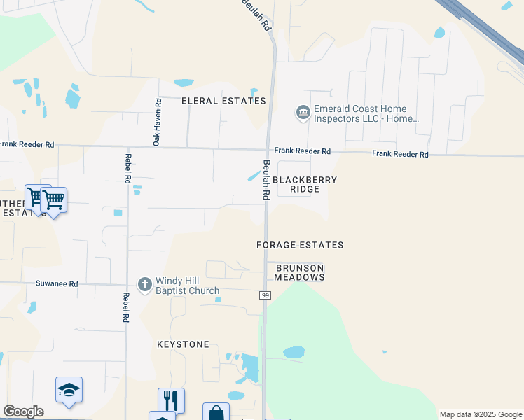 map of restaurants, bars, coffee shops, grocery stores, and more near 10525 Beulah Road in Pensacola