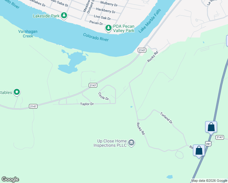 map of restaurants, bars, coffee shops, grocery stores, and more near 250 Circle Drive in Marble Falls
