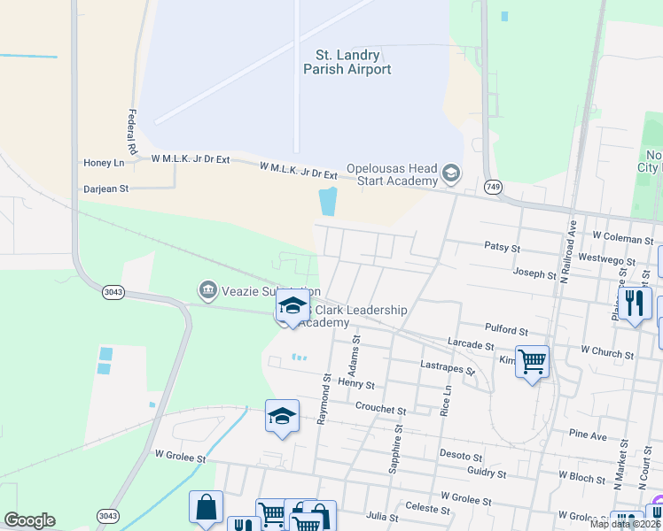 map of restaurants, bars, coffee shops, grocery stores, and more near Delores Place in Opelousas