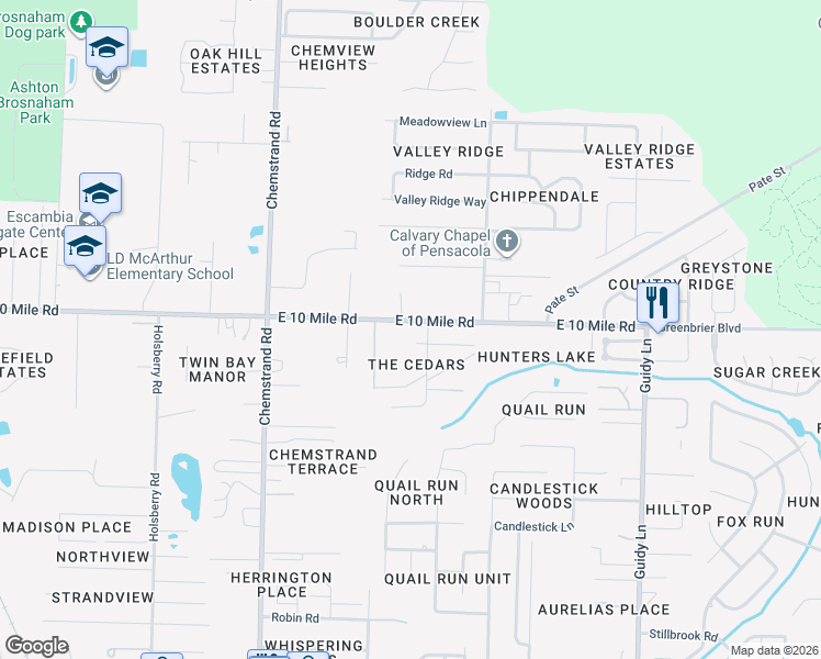 map of restaurants, bars, coffee shops, grocery stores, and more near 600 East 10 Mile Road in Pensacola