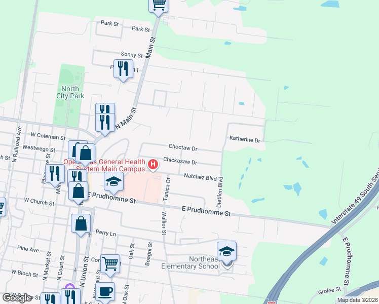 map of restaurants, bars, coffee shops, grocery stores, and more near 917 Choctaw Drive in Opelousas