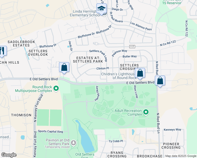 map of restaurants, bars, coffee shops, grocery stores, and more near 2301 Aaron Ross Way in Round Rock