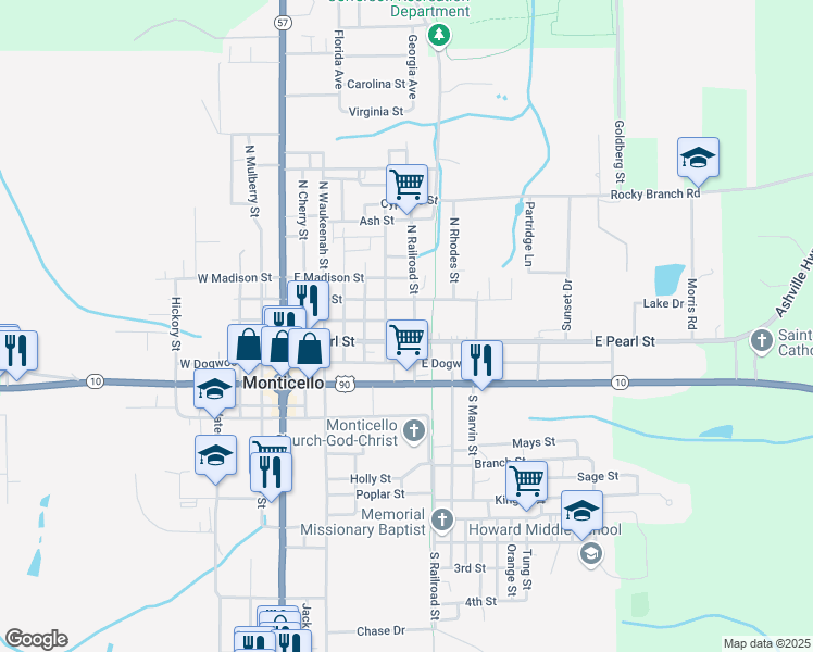 map of restaurants, bars, coffee shops, grocery stores, and more near 345 North Railroad Street in Monticello