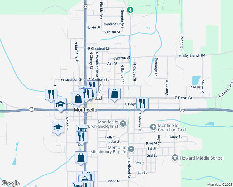 map of restaurants, bars, coffee shops, grocery stores, and more near 520 East High Street in Monticello