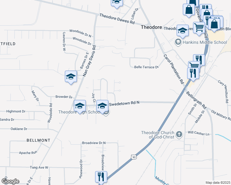 map of restaurants, bars, coffee shops, grocery stores, and more near 6160 White Cedar Court in Theodore