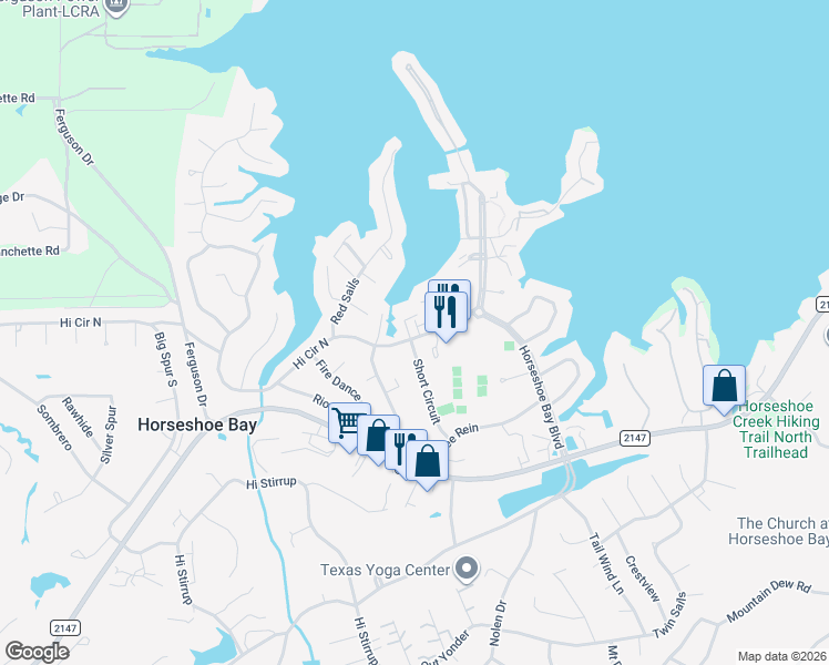 map of restaurants, bars, coffee shops, grocery stores, and more near 207 Hi Circle North in Horseshoe Bay
