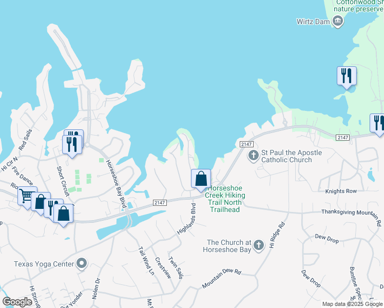 map of restaurants, bars, coffee shops, grocery stores, and more near 508 Horseshoe Bay North Boulevard in Horseshoe Bay