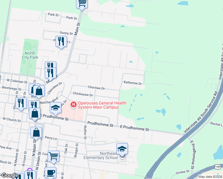 map of restaurants, bars, coffee shops, grocery stores, and more near 917 Choctaw Dr in Opelousas