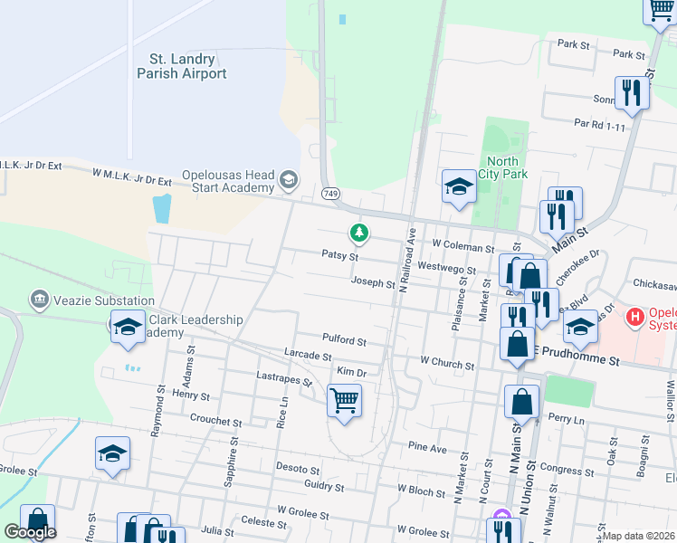 map of restaurants, bars, coffee shops, grocery stores, and more near 811 Patsy Street in Opelousas