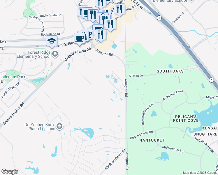 map of restaurants, bars, coffee shops, grocery stores, and more near 1801 Greens Prairie Road West in College Station