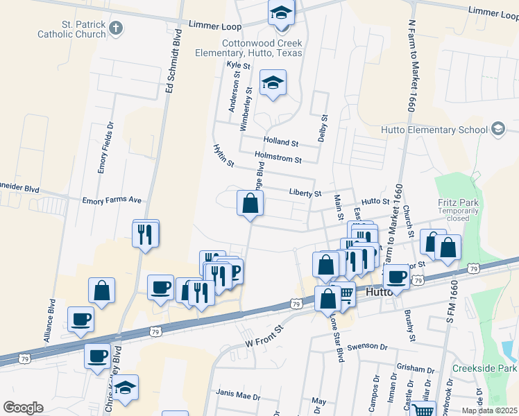 map of restaurants, bars, coffee shops, grocery stores, and more near 339 Liberty Street in Hutto