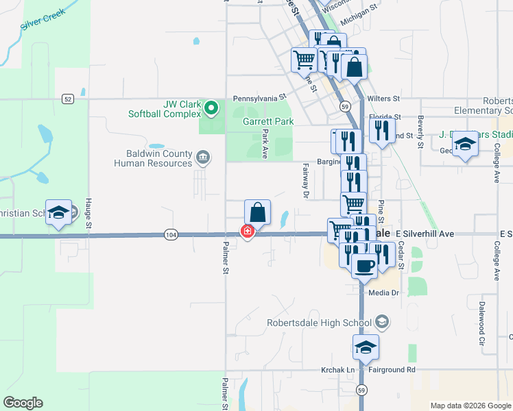 map of restaurants, bars, coffee shops, grocery stores, and more near 18044 Mimosa Avenue in Robertsdale