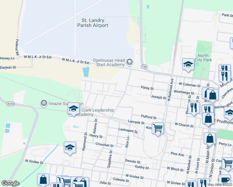 map of restaurants, bars, coffee shops, grocery stores, and more near Keeling Drive in Opelousas