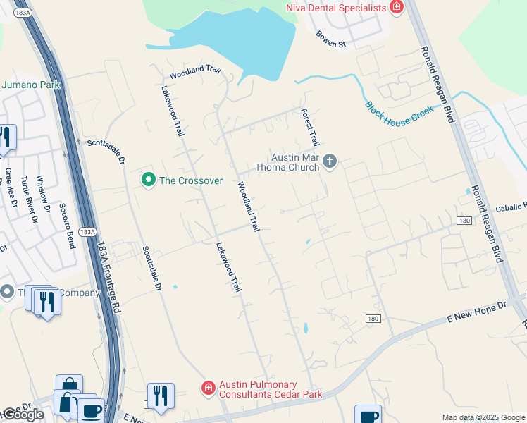 map of restaurants, bars, coffee shops, grocery stores, and more near 130 Woodland Trail in Leander