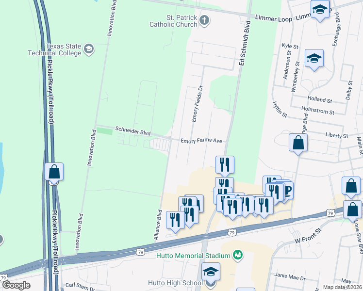 map of restaurants, bars, coffee shops, grocery stores, and more near 1001 Emory Fields Cove in Hutto