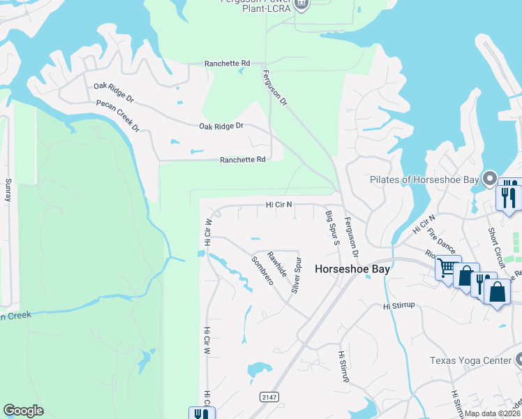 map of restaurants, bars, coffee shops, grocery stores, and more near 1322 Hi Circle North in Horseshoe Bay