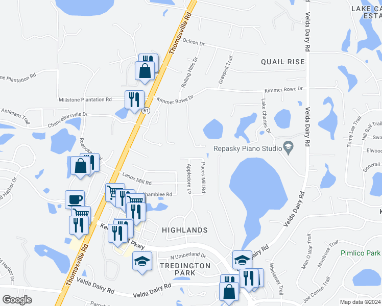 map of restaurants, bars, coffee shops, grocery stores, and more near 3510 Bankhead Road in Tallahassee