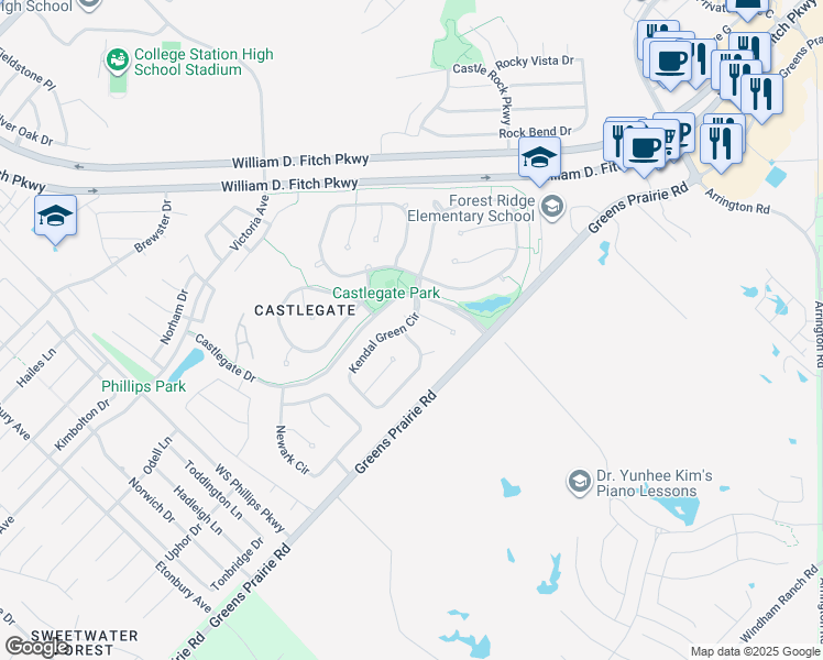 map of restaurants, bars, coffee shops, grocery stores, and more near 4400 Crayke Place in College Station