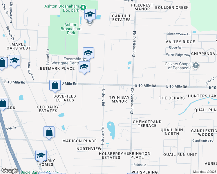 map of restaurants, bars, coffee shops, grocery stores, and more near 421 East 10 Mile Road in Pensacola