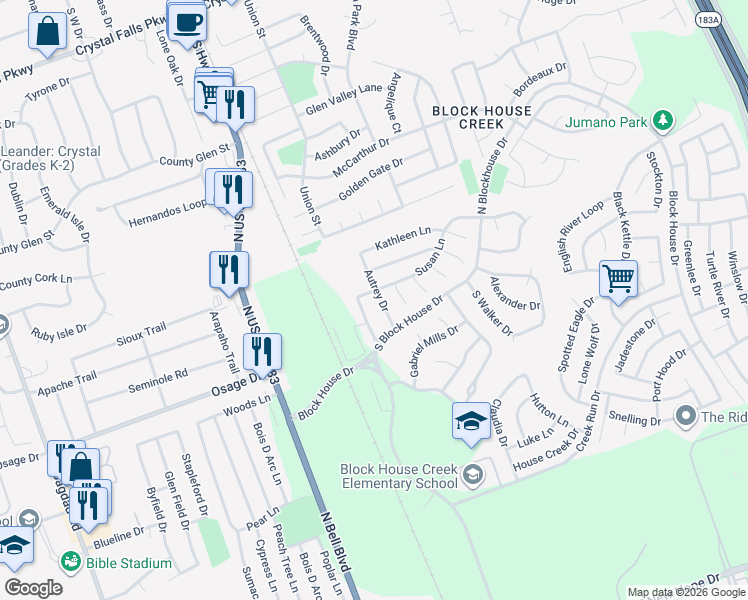 map of restaurants, bars, coffee shops, grocery stores, and more near 2501 Autrey Drive in Leander
