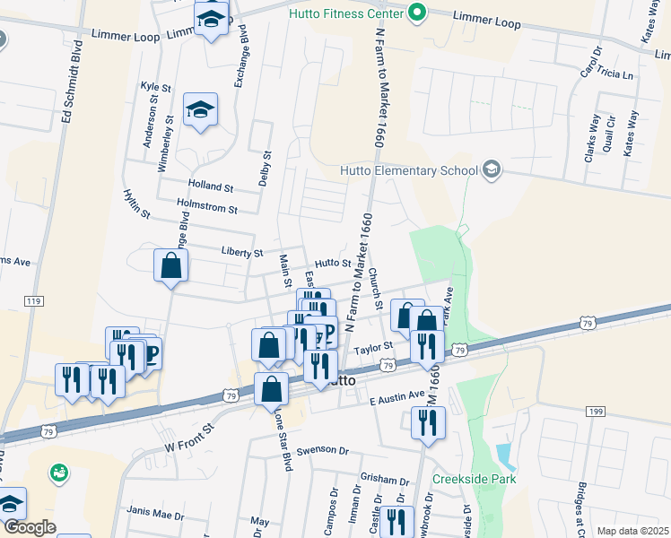 map of restaurants, bars, coffee shops, grocery stores, and more near 103 Hutto Street in Hutto