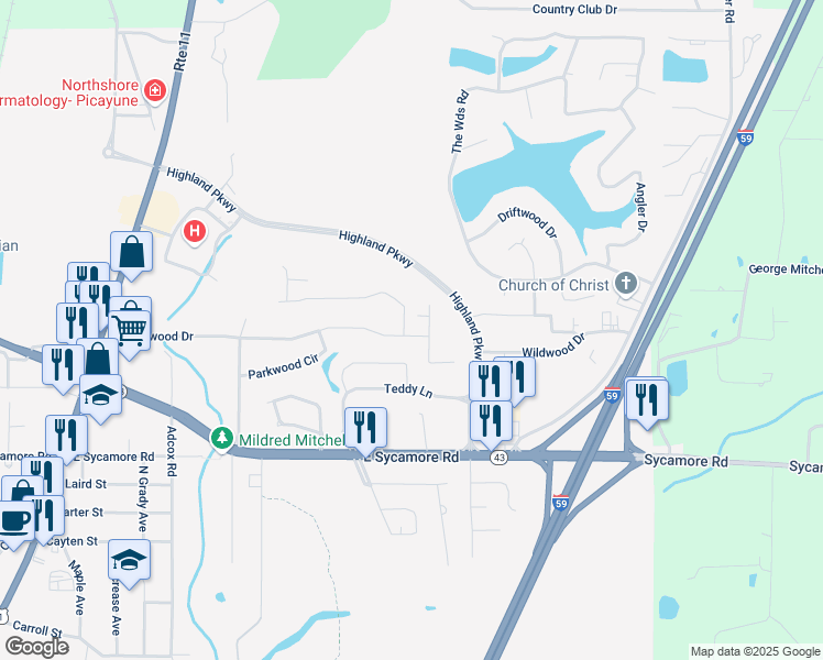 map of restaurants, bars, coffee shops, grocery stores, and more near 1229 Stemwood Drive in Picayune