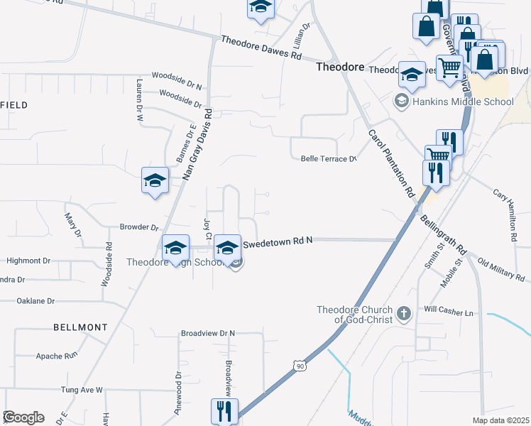 map of restaurants, bars, coffee shops, grocery stores, and more near 6160 White Cedar Ct in Theodore