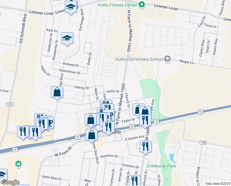 map of restaurants, bars, coffee shops, grocery stores, and more near 103 Hutto Street in Hutto