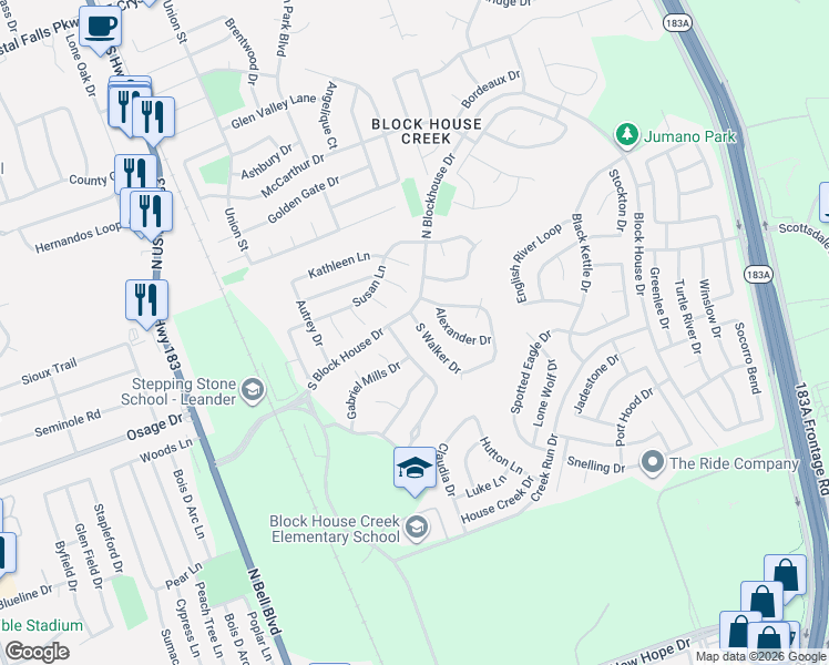 map of restaurants, bars, coffee shops, grocery stores, and more near 2606 South Walker Drive in Leander