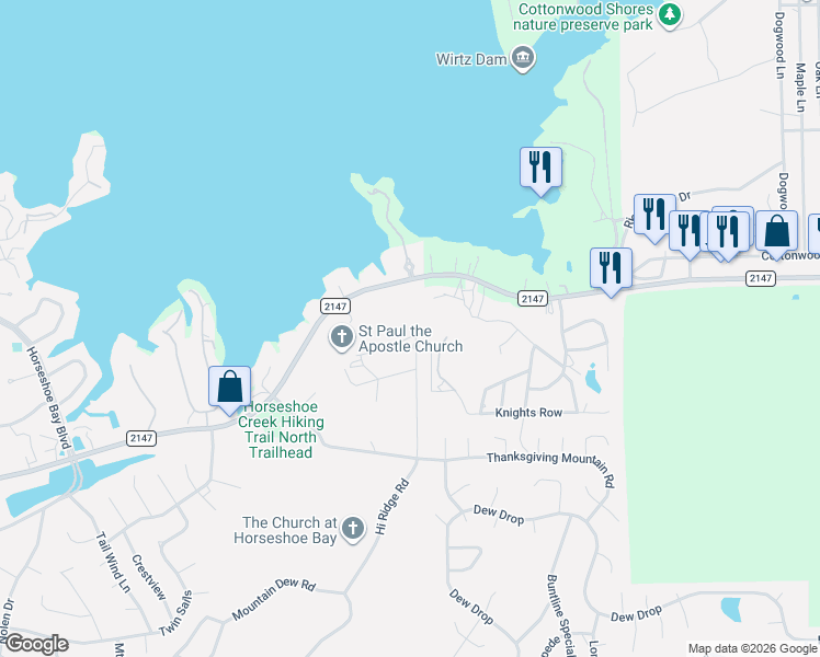 map of restaurants, bars, coffee shops, grocery stores, and more near 107 Dalton Circle in Horseshoe Bay