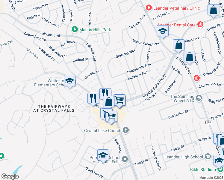 map of restaurants, bars, coffee shops, grocery stores, and more near 1701 Lions Den in Leander