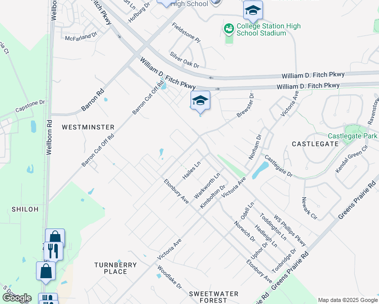 map of restaurants, bars, coffee shops, grocery stores, and more near 2504 Portland Avenue in College Station