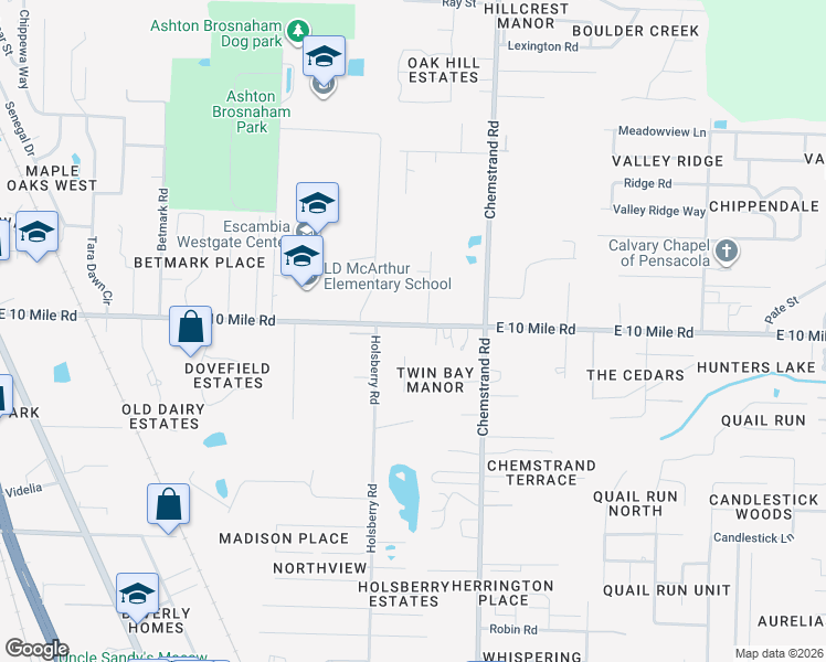 map of restaurants, bars, coffee shops, grocery stores, and more near 421 East 10 Mile Road in Pensacola