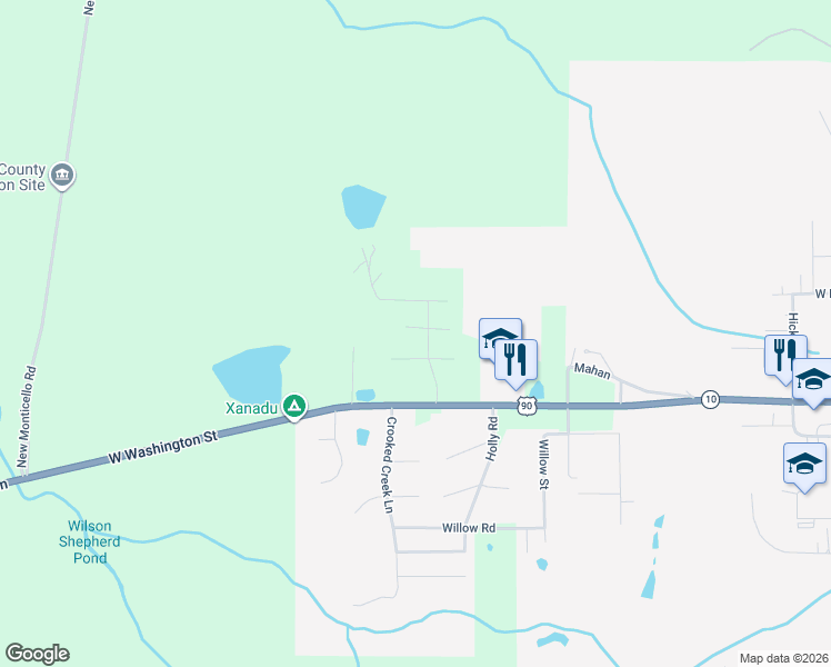 map of restaurants, bars, coffee shops, grocery stores, and more near 23 West Bryant Court in Monticello
