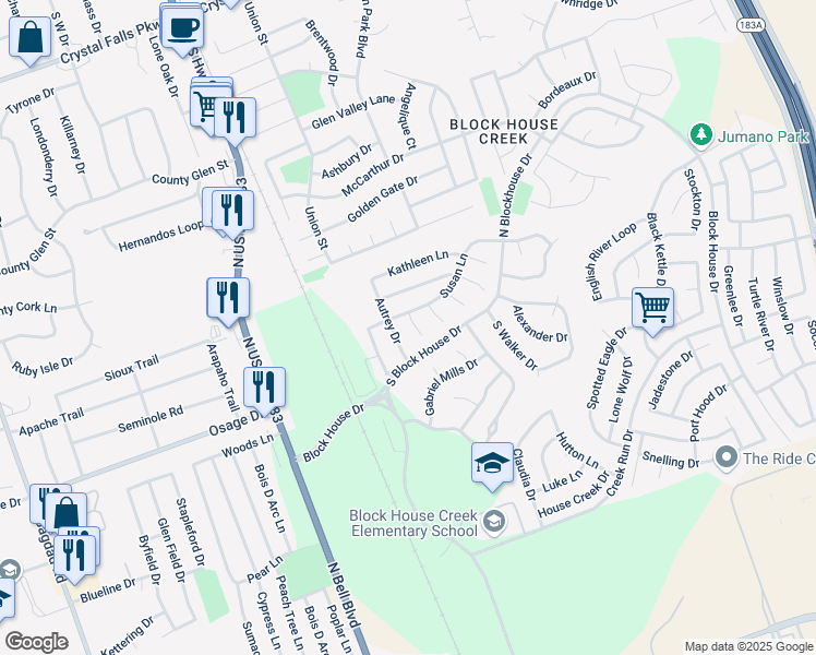 map of restaurants, bars, coffee shops, grocery stores, and more near 2505 Cynthia Court in Leander