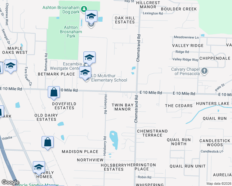 map of restaurants, bars, coffee shops, grocery stores, and more near 421 East 10 Mile Road in Pensacola