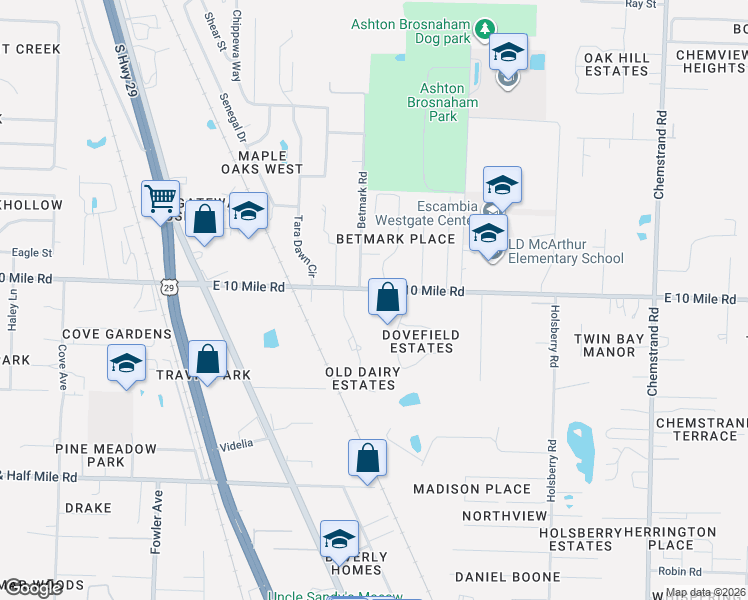 map of restaurants, bars, coffee shops, grocery stores, and more near 203 East 10 Mile Road in Pensacola