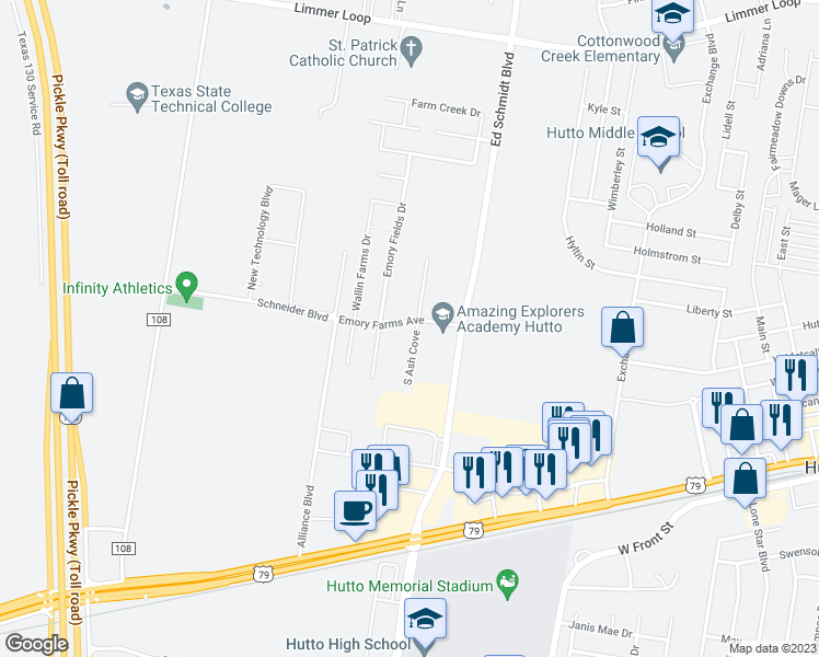 map of restaurants, bars, coffee shops, grocery stores, and more near 1001 South Ash Cove in Hutto