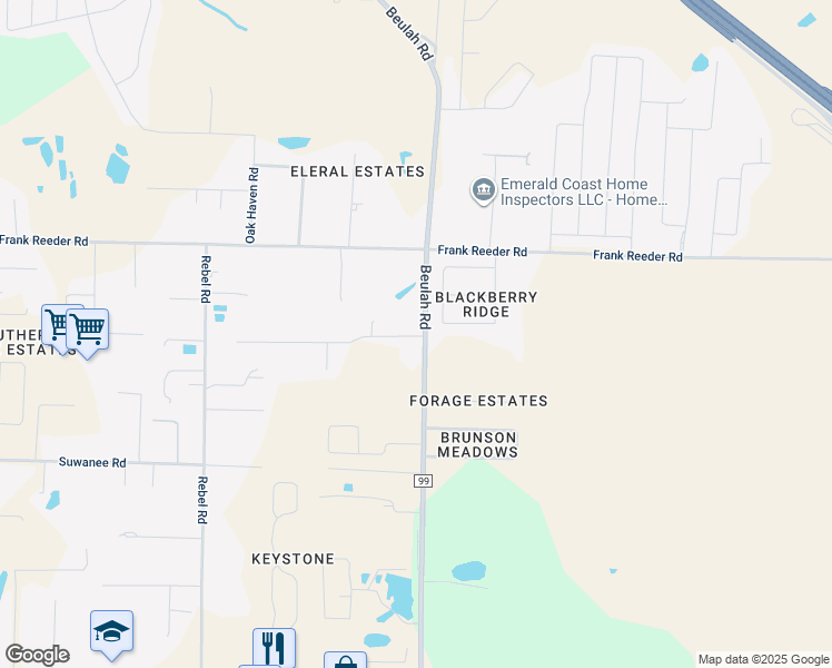 map of restaurants, bars, coffee shops, grocery stores, and more near 10525 Beulah Road in Pensacola