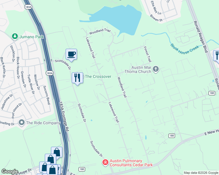 map of restaurants, bars, coffee shops, grocery stores, and more near 126 Lakewood Trail in Leander