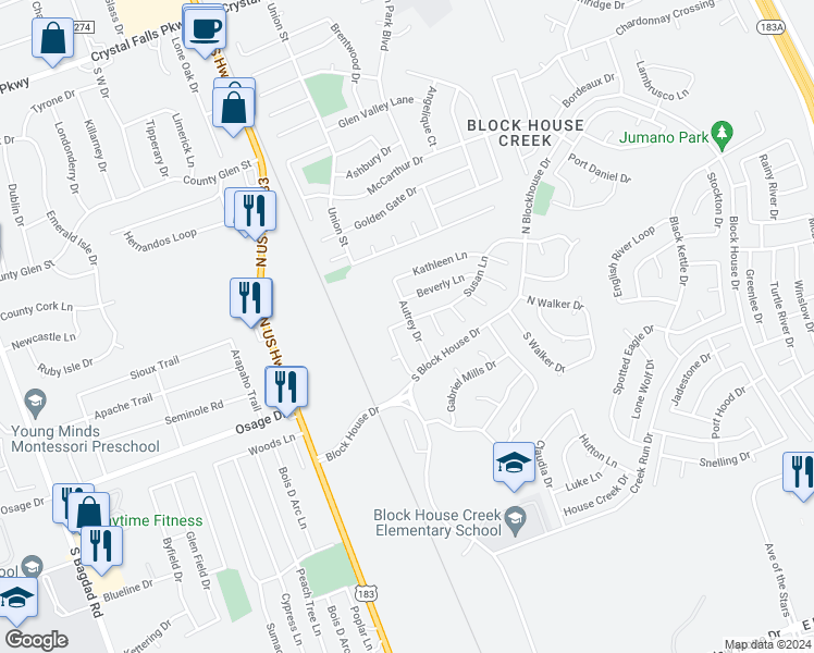 map of restaurants, bars, coffee shops, grocery stores, and more near 2501 Autrey Drive in Leander