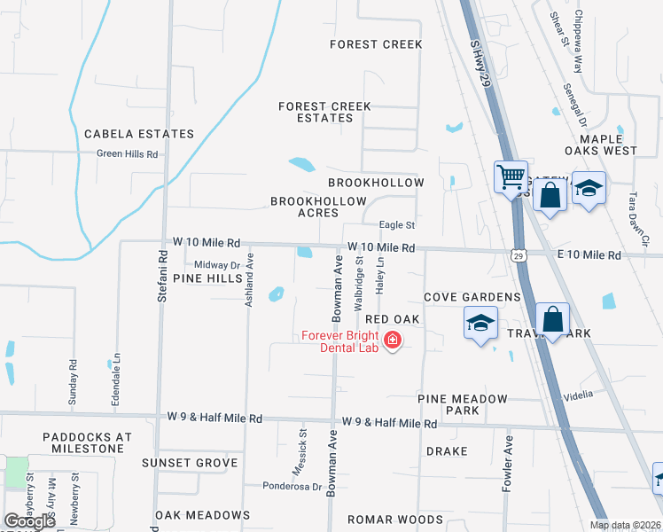 map of restaurants, bars, coffee shops, grocery stores, and more near 10341 Bowman Avenue in Pensacola
