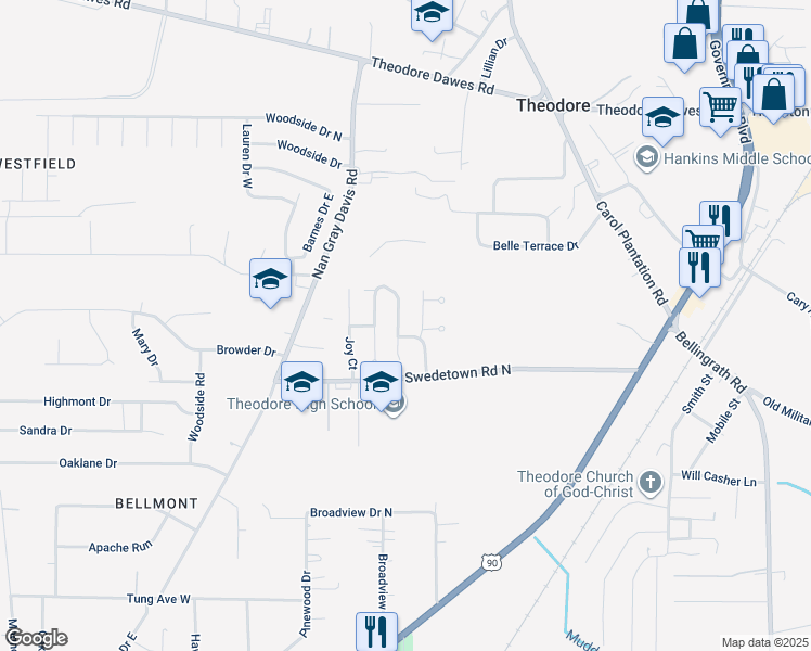 map of restaurants, bars, coffee shops, grocery stores, and more near 6907 Gray Oaks Dr in Theodore