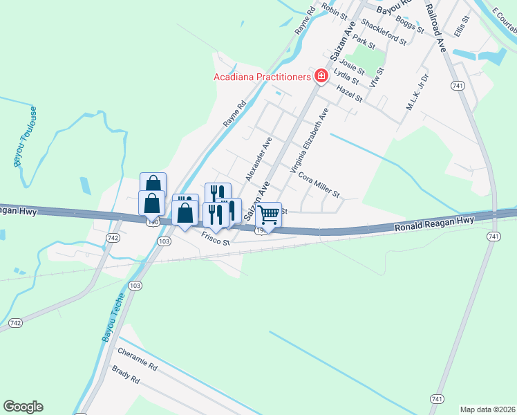 map of restaurants, bars, coffee shops, grocery stores, and more near 104 Palm Street in Port Barre