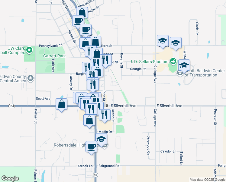 map of restaurants, bars, coffee shops, grocery stores, and more near 18598 Mimosa Avenue in Robertsdale