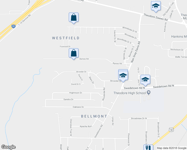 map of restaurants, bars, coffee shops, grocery stores, and more near 6551 Browder Drive in Theodore